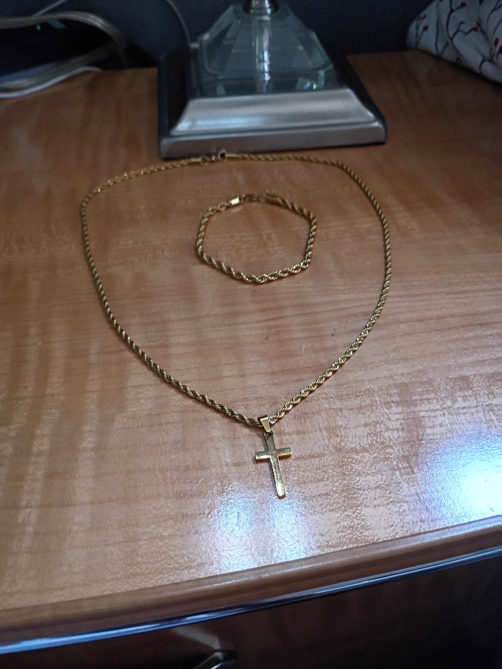 Gold Cross Pendant Necklace with Matching Rope Bracelet - Women's Jewelry